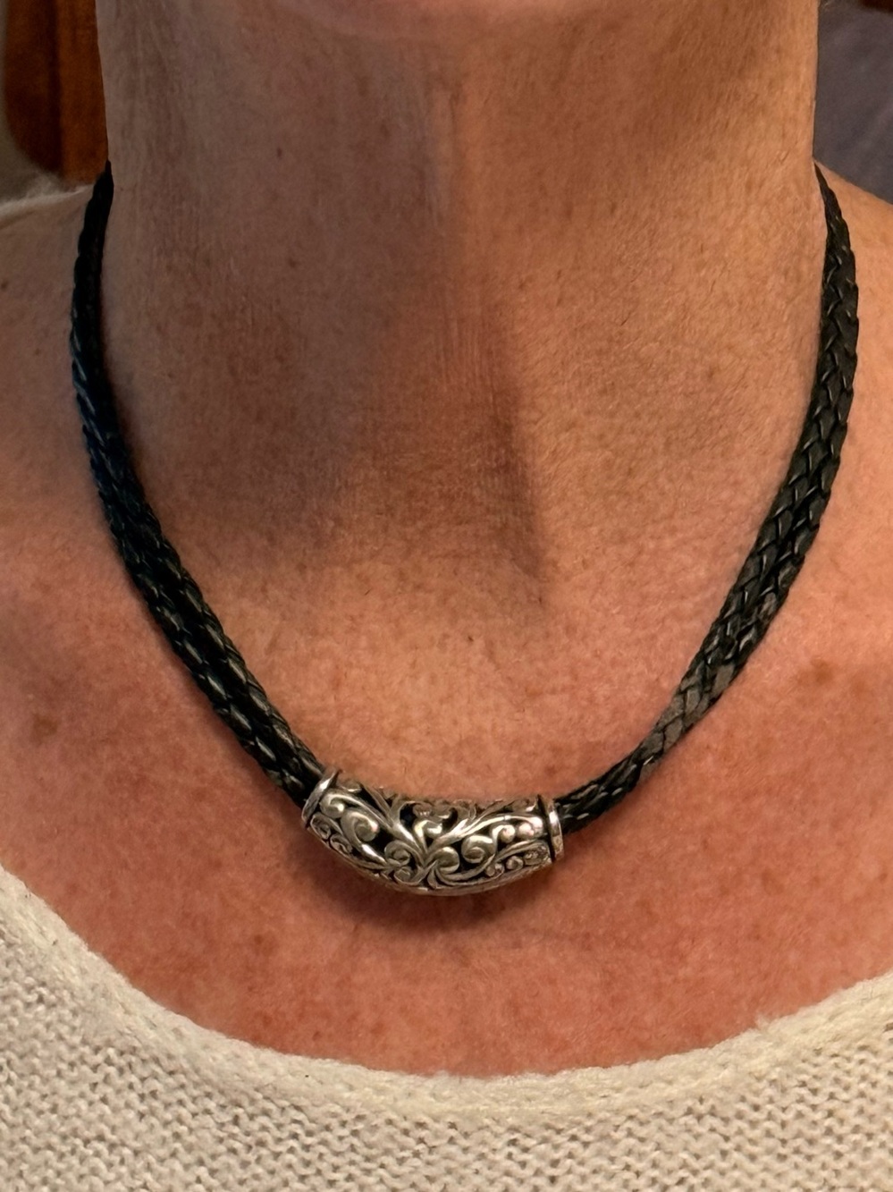 Black Braided Leather Necklace with Ornate Silver Accent 16 Inches
